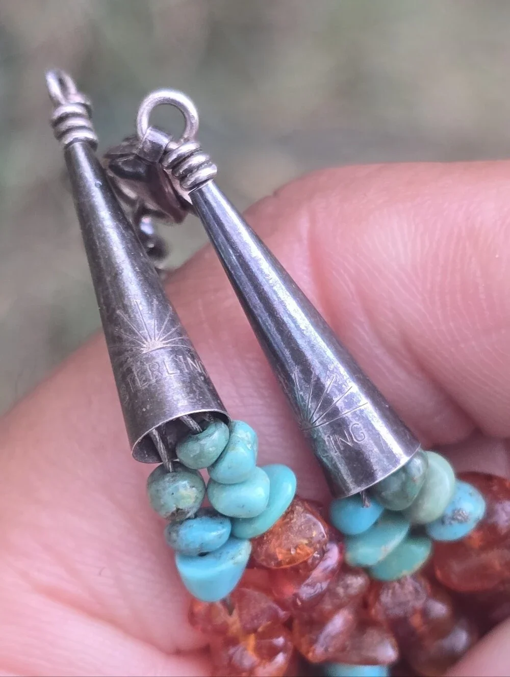 Southwestern double strand turquoise and amber 925 sterling silver necklace